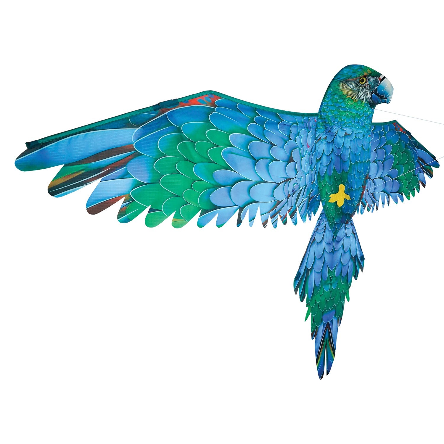 3D Blue Parrot Kite featuring lifelike details and vibrant colors soaring in the sky, showcasing a realistic bird design perfect for outdoor fun.
