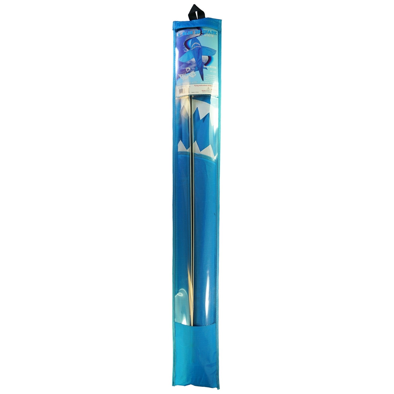 5' 3D Blue Shark kite soaring in the sky, featuring detailed tooth-lined jaws and dynamic tail, perfect for outdoor adventures.