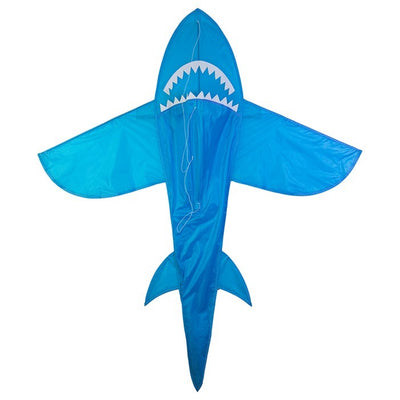 5' 3D Blue Shark kite soaring in the sky, featuring detailed tooth-lined jaws and dynamic tail, perfect for outdoor adventures.