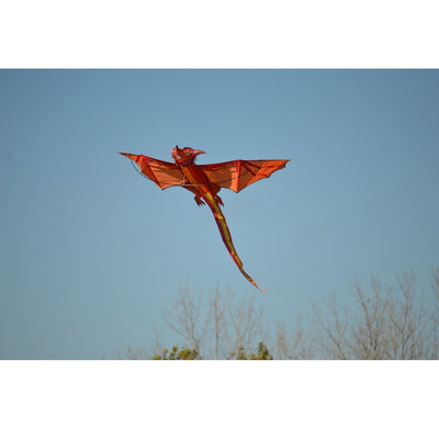 3D Dragon Kite - Emberscale in flight against a bright blue sky, showcasing its vibrant colors and intricate scale design for an enchanting outdoor experience.