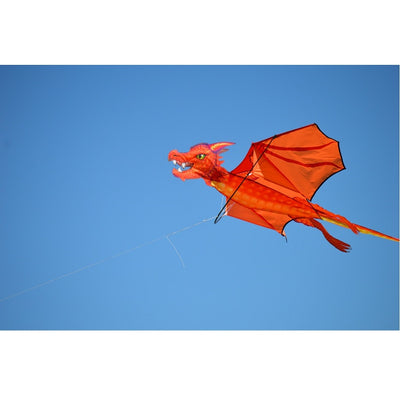 3D Dragon Kite - Emberscale in flight against a bright blue sky, showcasing its vibrant colors and intricate scale design for an enchanting outdoor experience.