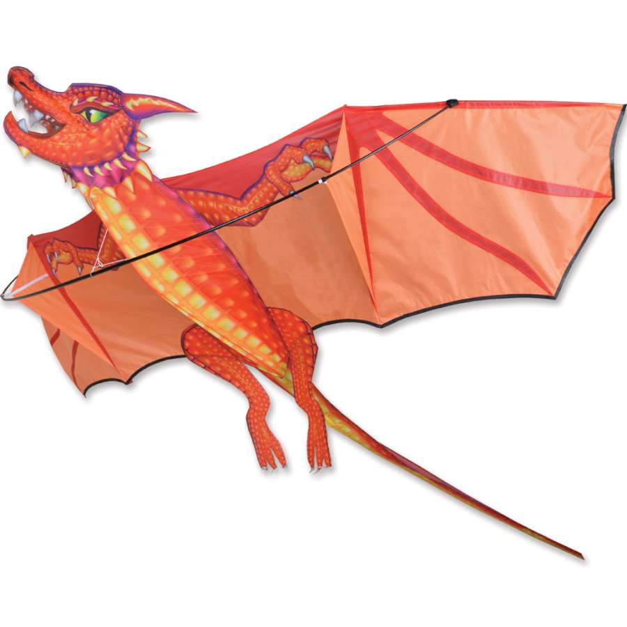 3D Dragon Kite - Emberscale in flight against a bright blue sky, showcasing its vibrant colors and intricate scale design for an enchanting outdoor experience.