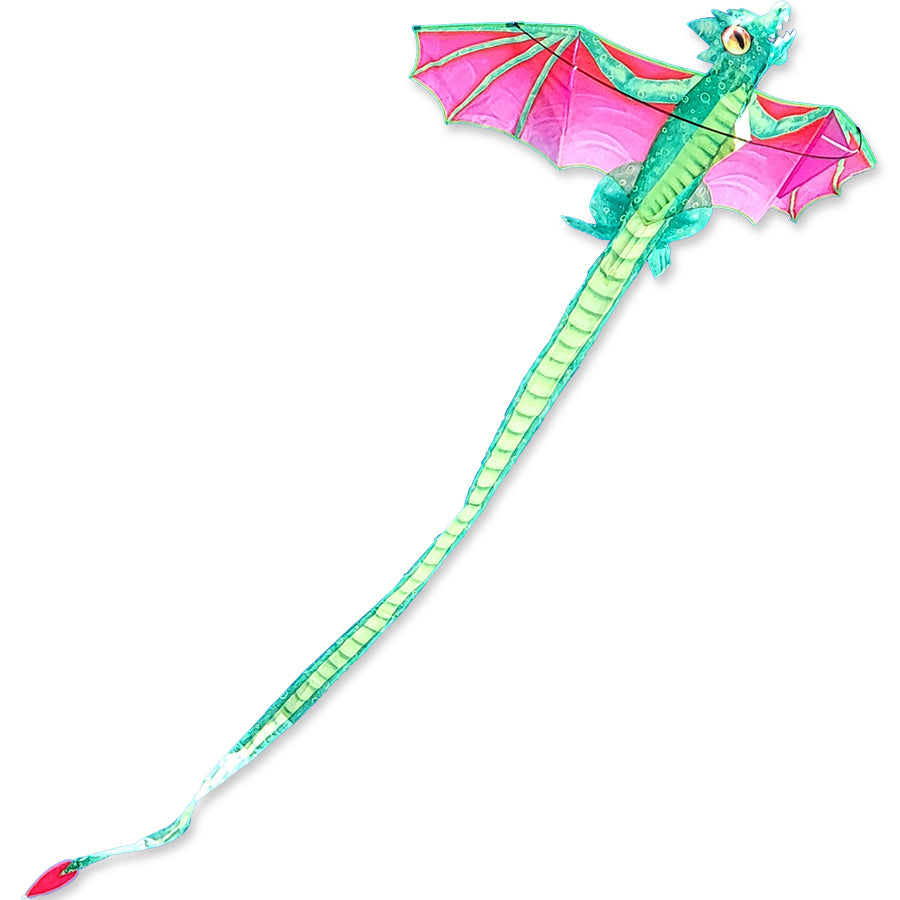 3D Dragon Kite soaring in the blue sky, featuring a vibrant dragon design, measuring 68 x 148 inches, displayed during an outdoor festival.
