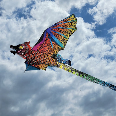 3D Dragon Kite - Night Fire soaring through the sky, featuring a colorful dragon design, measuring 68 x 148 inches, perfect for outdoor activities.