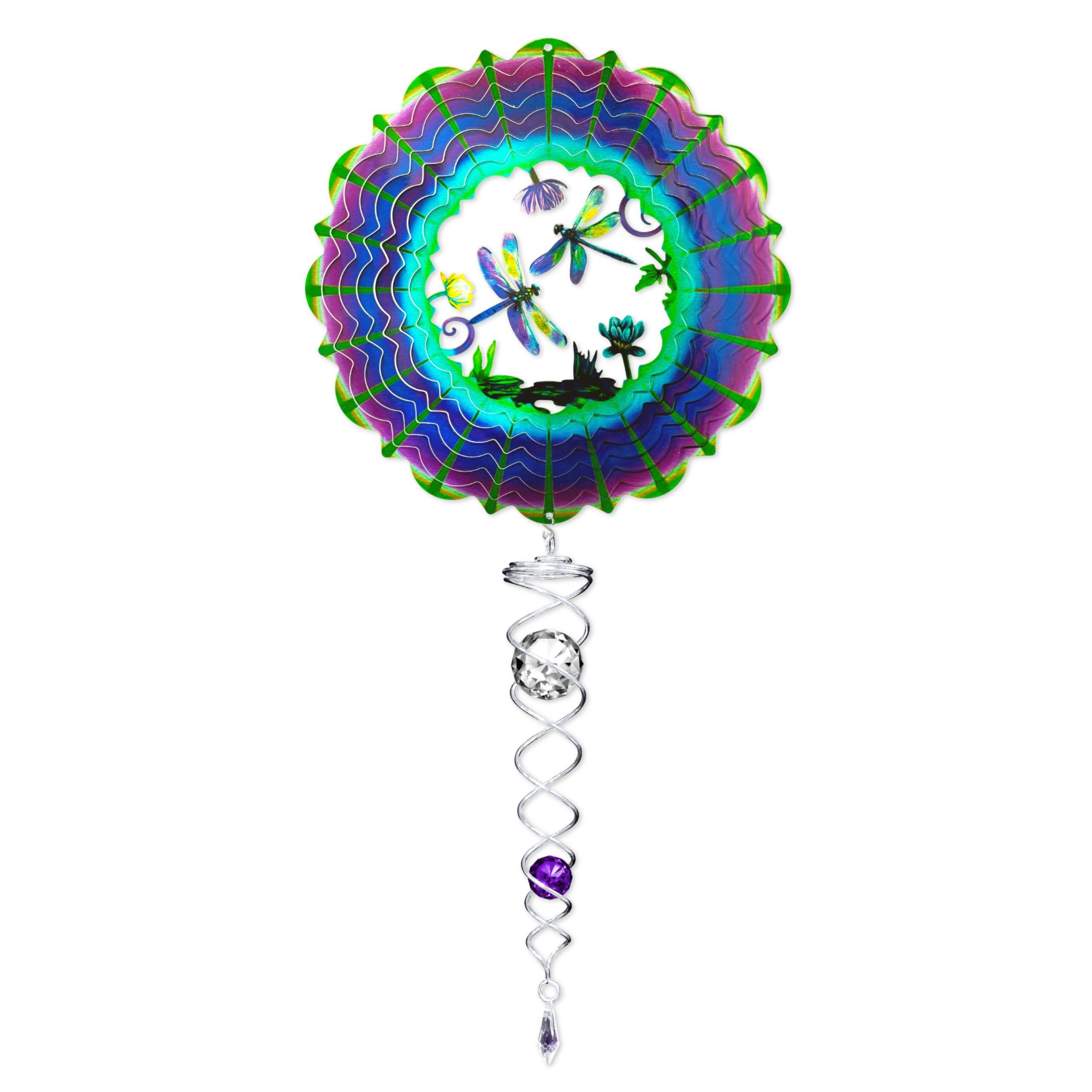 3D Dragonfly wind spinner set featuring a 6.5-inch spinner and 7.5-inch crystal twister, showcasing colorful motion in a garden setting.