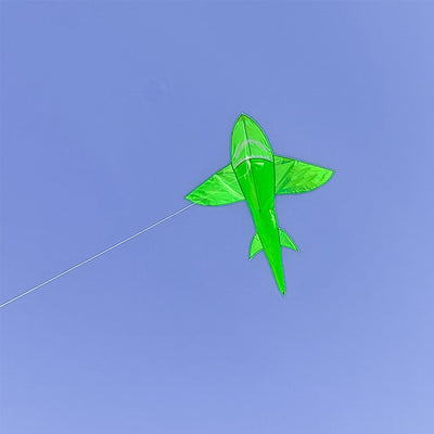 5-foot 3D Green Shark Kite soaring in a clear blue sky, showcasing its lively 3D design and vibrant colors.