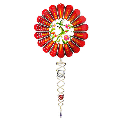3D Hummingbird wind spinner featuring vivid colors and sparkling crystal twister, beautifully displayed spinning in a garden setting.