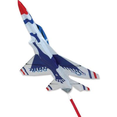 3D F16 Thunderbird jet kite with bold red-white-blue design, ripstop fabric, and fiberglass frame. Includes 300 ft. line and winder for stable flight.