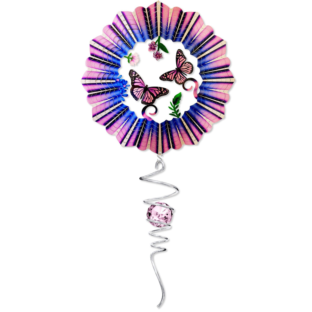 3D Pink Butterfly Large Set wind spinner featuring a colorful design with a matching crystal spiral tail, shown in a bright garden setting.