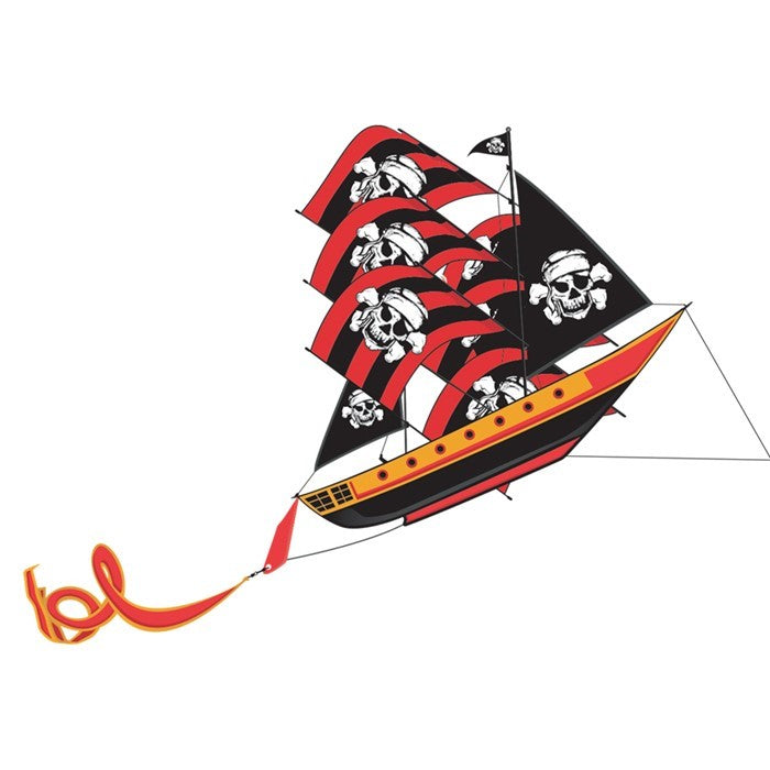 3D Pirate Ship kite soaring in the sky, showcasing bright colors and sleek design, ready for family fun outdoors.