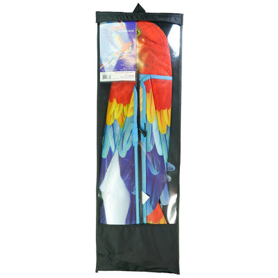3D Scarlett Parrot Kite soaring in the sky, showcasing its vibrant colors and realistic design against a blue backdrop.