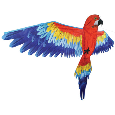 3D Scarlett Parrot Kite soaring in the sky, showcasing its vibrant colors and realistic design against a blue backdrop.