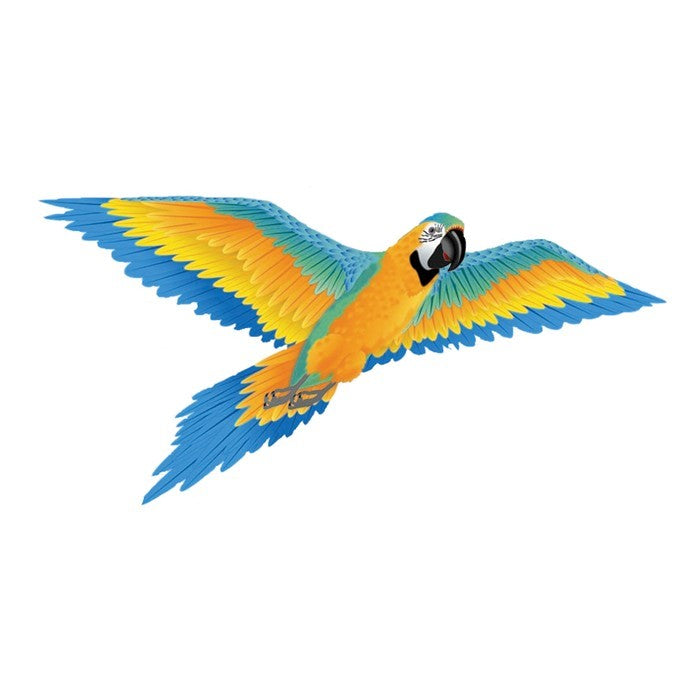 Vibrant 3D Supersize Blue Macaw kite soaring in the sky, showcasing its detailed design and color from a distance.