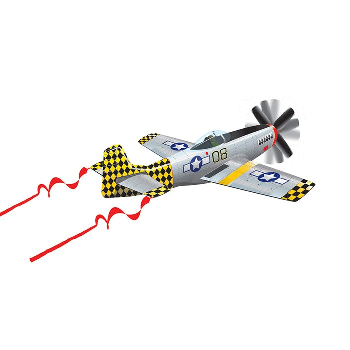 Vibrant 3D Supersize P-51 Mustang kite in bright colors with a sturdy fiberglass frame, perfect for family fun in parks or beach outings.
