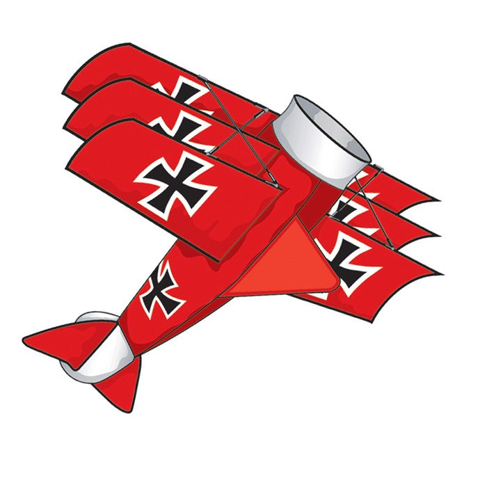 The 3D Supersize Red Baron kite featuring striking graphics and a robust design is showcased against a bright sky, ready to fly with vibrant colors and details.