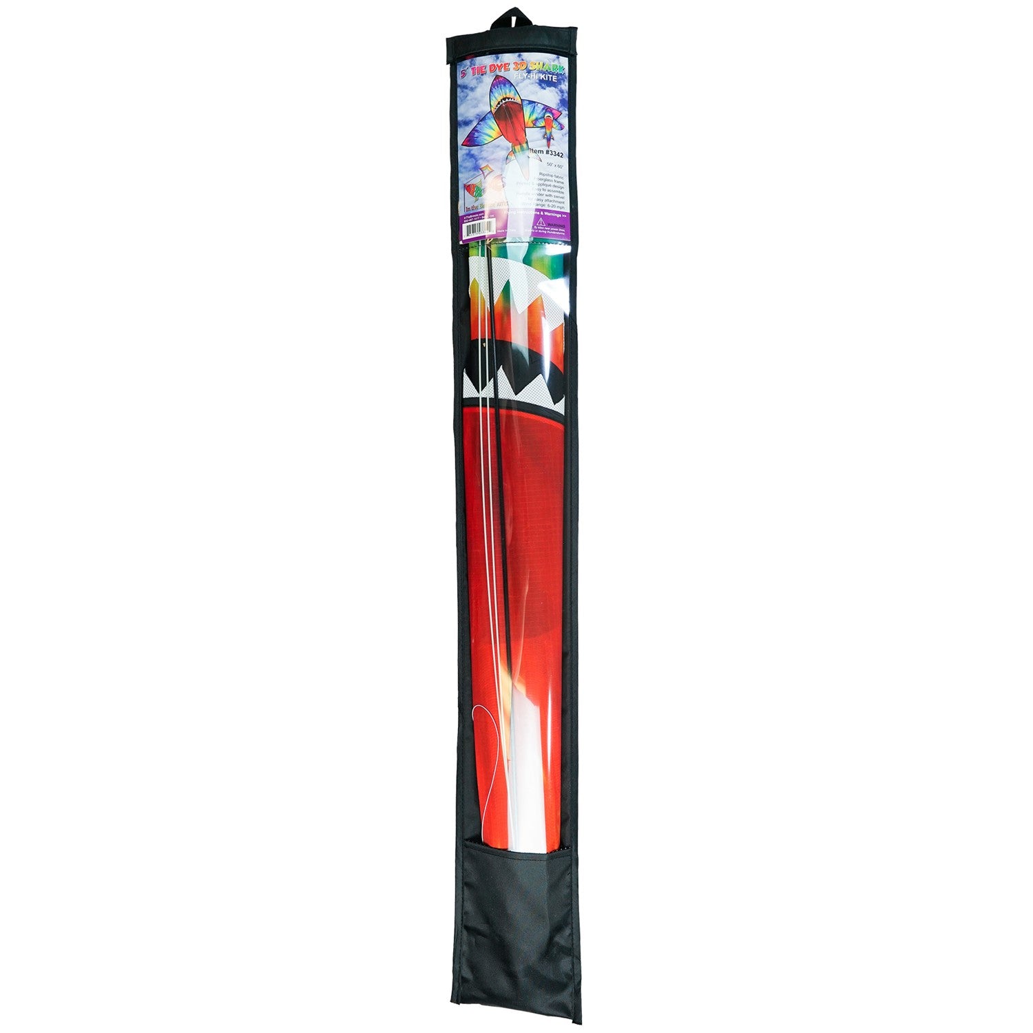 5-foot 3D Tie Dye Shark Kite flying high against a blue sky, showcasing its vibrant colors and fun design as it swims through the air.