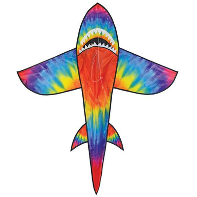 5-foot 3D Tie Dye Shark Kite flying high against a blue sky, showcasing its vibrant colors and fun design as it swims through the air.
