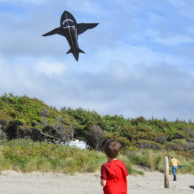 A vibrant 4' 3D Shark Kite soaring across a blue sky, showcasing its toothy design and dynamic motion as it is flown by a family enjoying the outdoors.