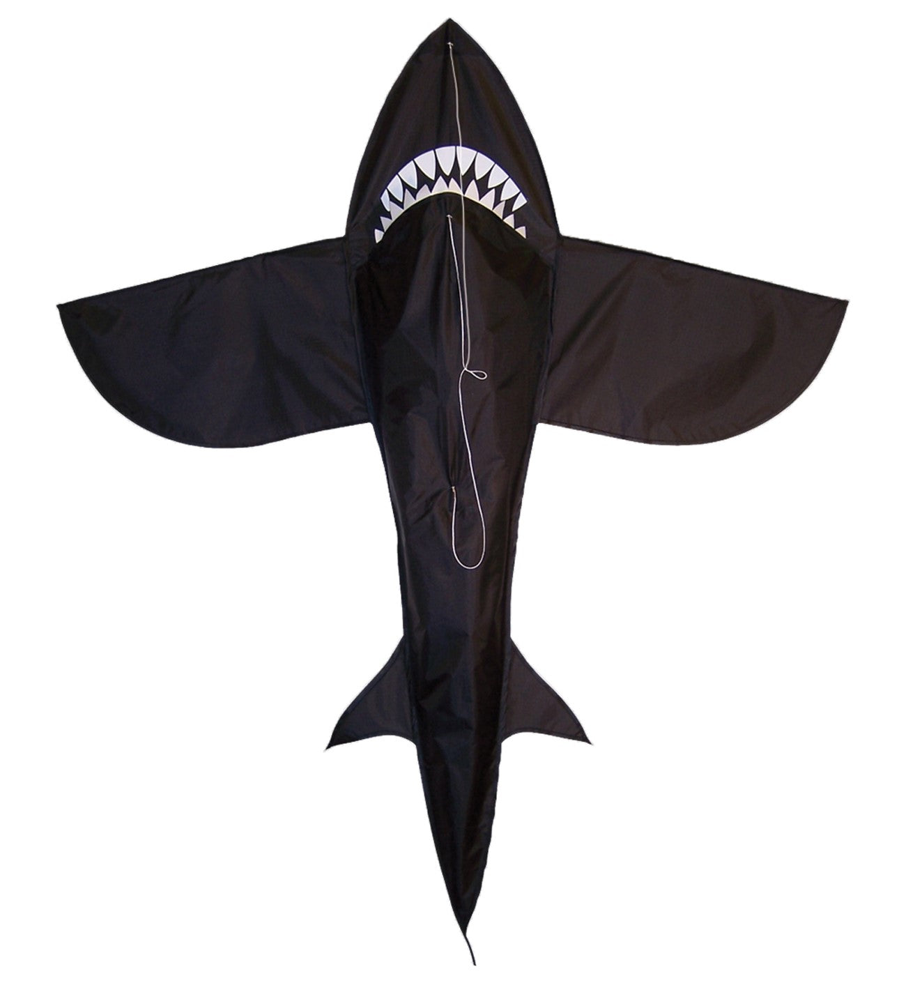 A vibrant 4' 3D Shark Kite soaring across a blue sky, showcasing its toothy design and dynamic motion as it is flown by a family enjoying the outdoors.
