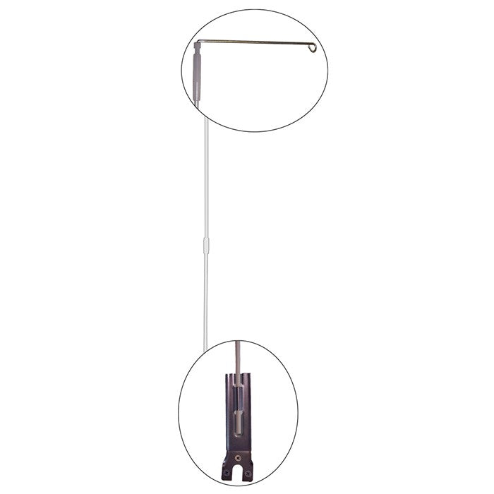 4' Hang-It Pole for displaying hanging windsocks and garden decor, featuring a 7-inch swiveling arm, set in an outdoor garden space.