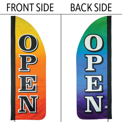 4-foot Heavy Duty Open Gradient Double Sided Feather Banner displayed outdoors, featuring vibrant rainbow colors and 'open' signage in an event setting.
