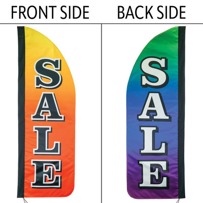 4-foot Heavy Duty Sale Gradient Double-Sided Feather Banner with vibrant rainbow gradient, displayed outdoors at a storefront to attract customers.