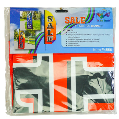 4-foot Heavy Duty Sale Gradient Double-Sided Feather Banner with vibrant rainbow gradient, displayed outdoors at a storefront to attract customers.