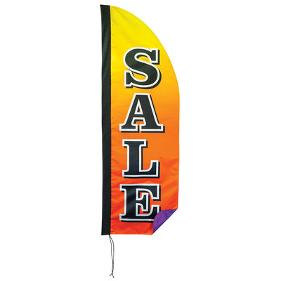 4-foot Heavy Duty Sale Gradient Double-Sided Feather Banner with vibrant rainbow gradient, displayed outdoors at a storefront to attract customers.