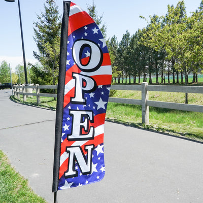 4' Heavy Duty Open Stars & Stripes Double Sided Feather Banner showcasing vibrant colors, designed for outdoor display and visibility for businesses.
