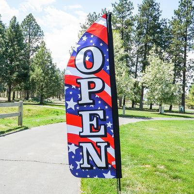 4' Heavy Duty Open Stars & Stripes Double Sided Feather Banner showcasing vibrant colors, designed for outdoor display and visibility for businesses.