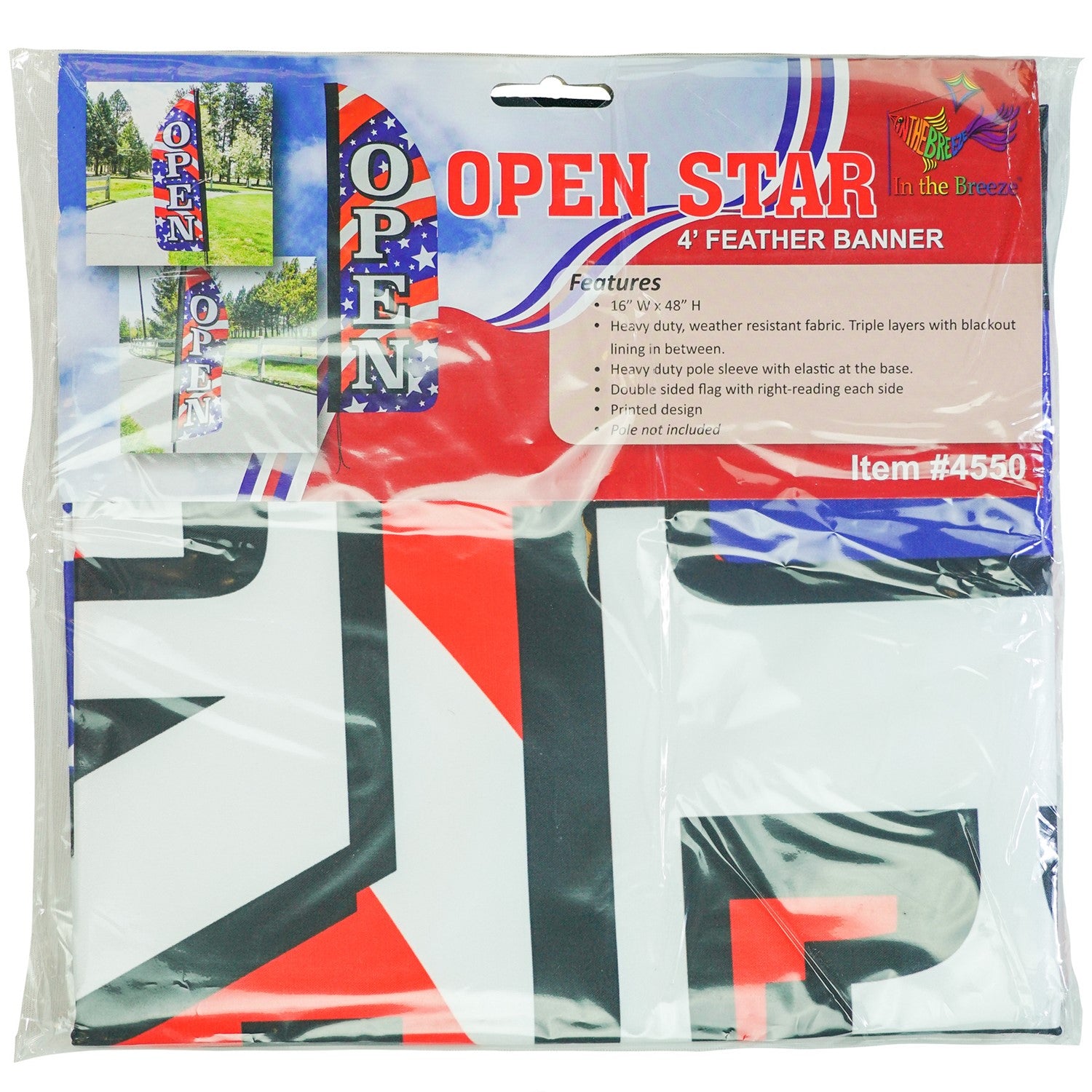4' Heavy Duty Open Stars & Stripes Double Sided Feather Banner showcasing vibrant colors, designed for outdoor display and visibility for businesses.