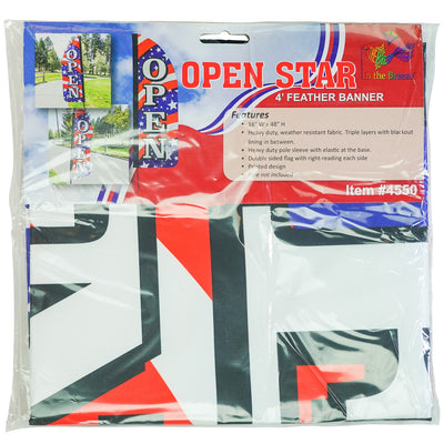 4' Heavy Duty Open Stars & Stripes Double Sided Feather Banner showcasing vibrant colors, designed for outdoor display and visibility for businesses.
