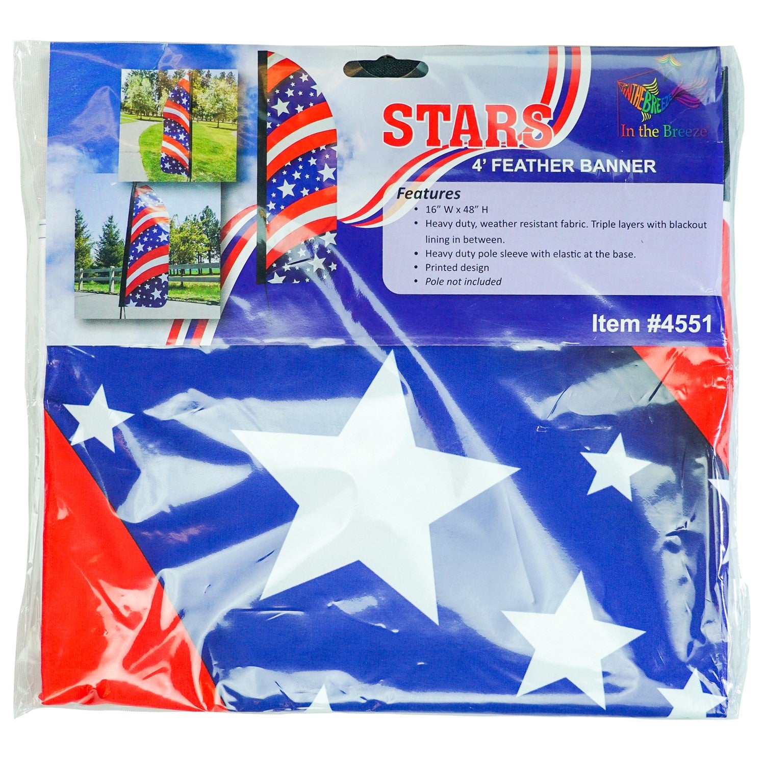4-foot Heavy Duty Stars & Stripes Double-Sided Feather Banner proudly displaying the American flag colors, ideal for outdoor events and business use.