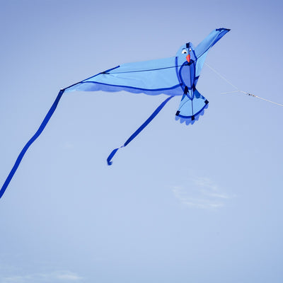 40-inch Blue Bitty Bird Kite featuring a colorful design with attached streamer tails soaring in a clear blue sky.