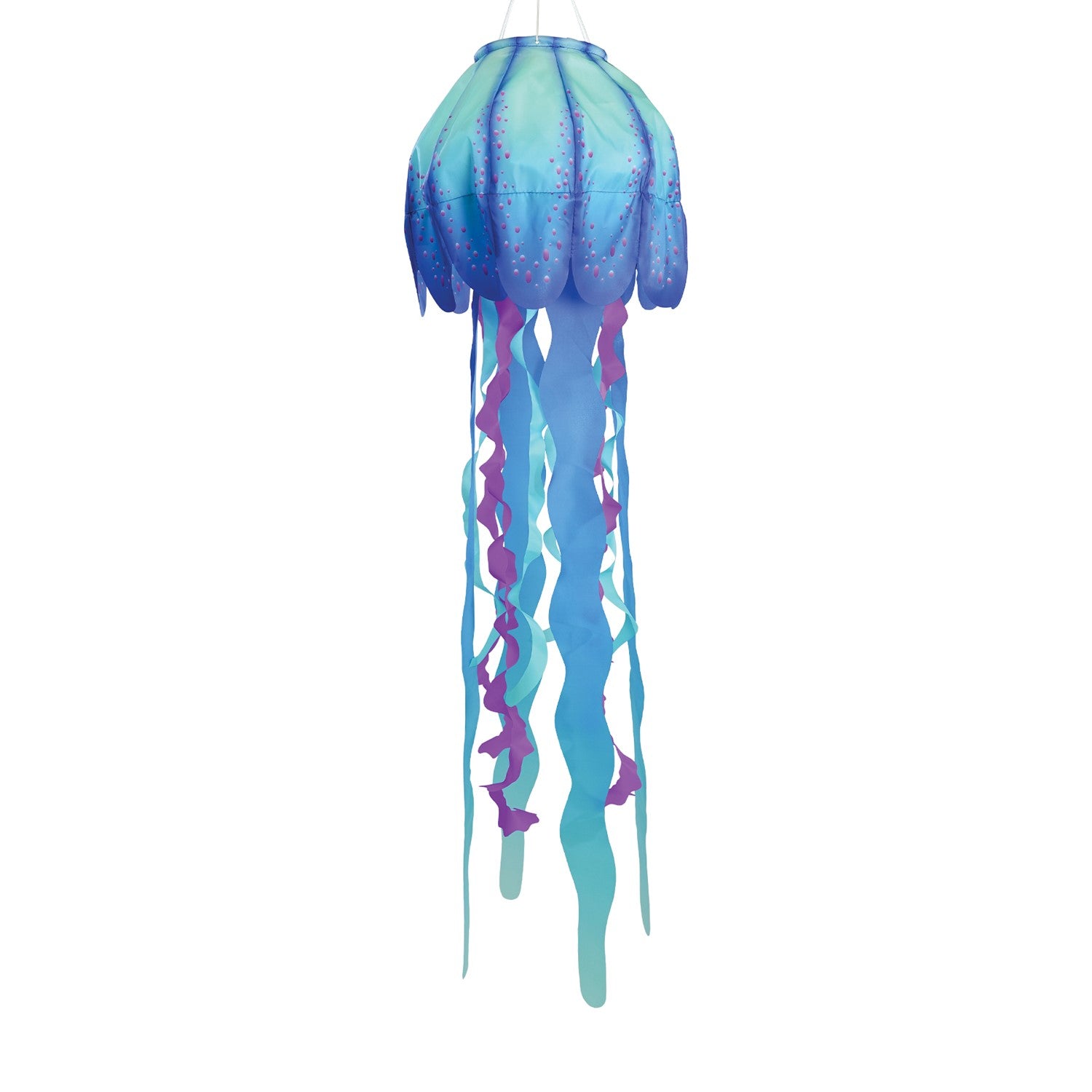 The 40" Blue Jellyfish 3D Windsock features detailed jellyfish design with vibrant colors, dancing in the wind for a whimsical outdoor effect.