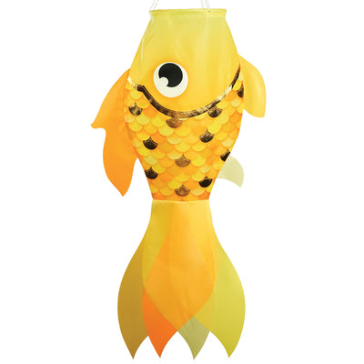 40-inch Gold Shimmer Damsel Fish Windsock with shiny scales and colorful tail, gracefully swaying in the breeze in a garden setting.