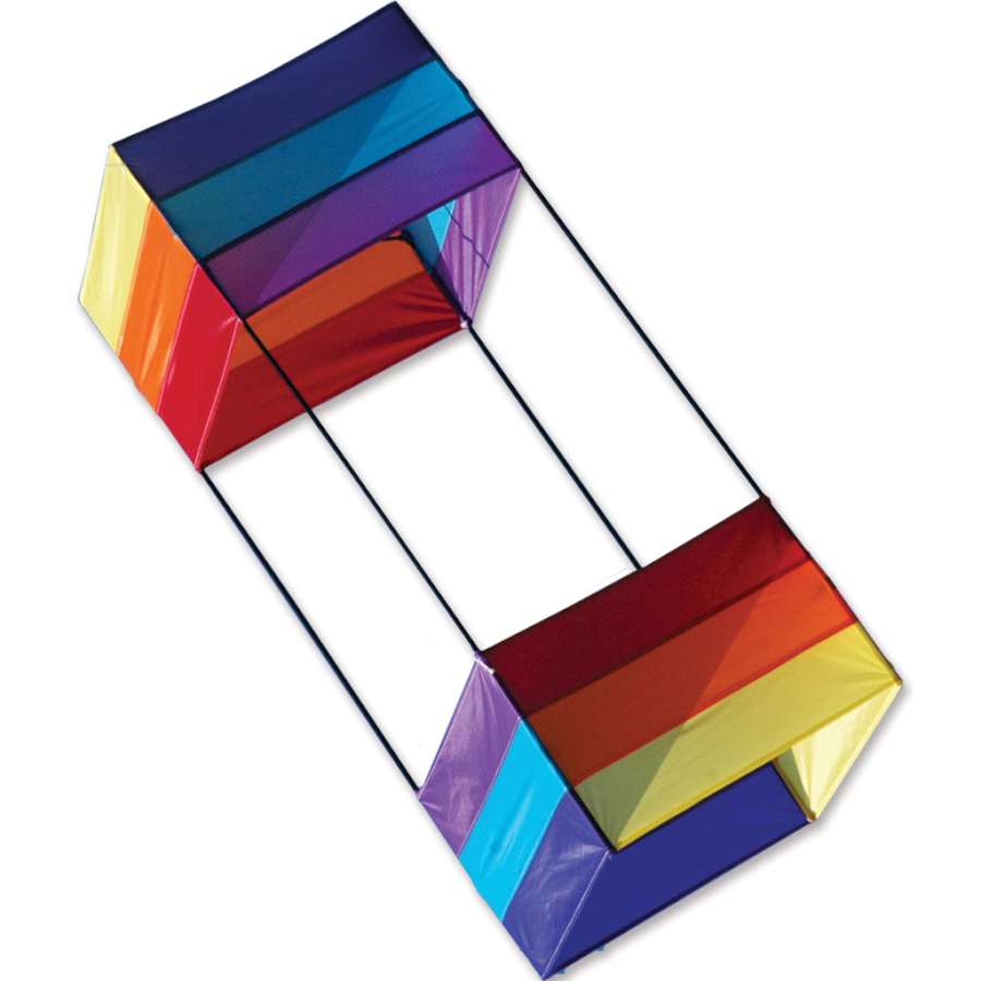 40 in. Box Kite in rainbow colors soaring in a clear blue sky, demonstrating vibrant design and sturdy construction, perfect for outdoor fun.