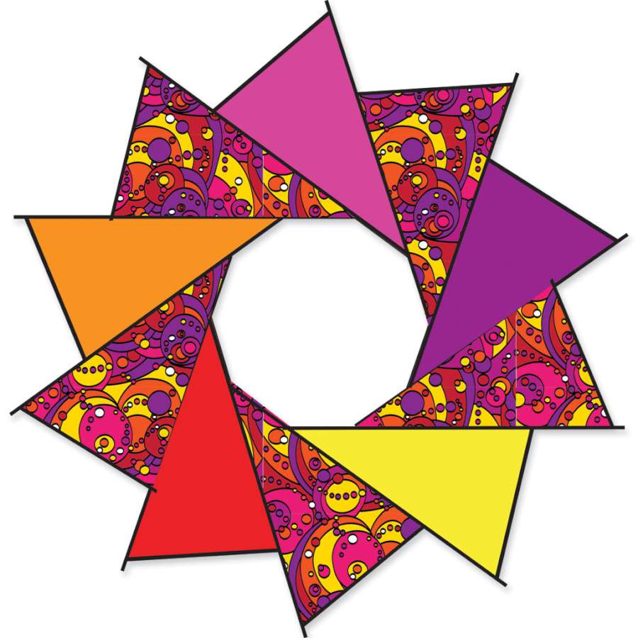 40 in. F-Stop Spinner for Kites and Line in Warm Orbit color gracefully spinning in the breeze against a clear sky background.