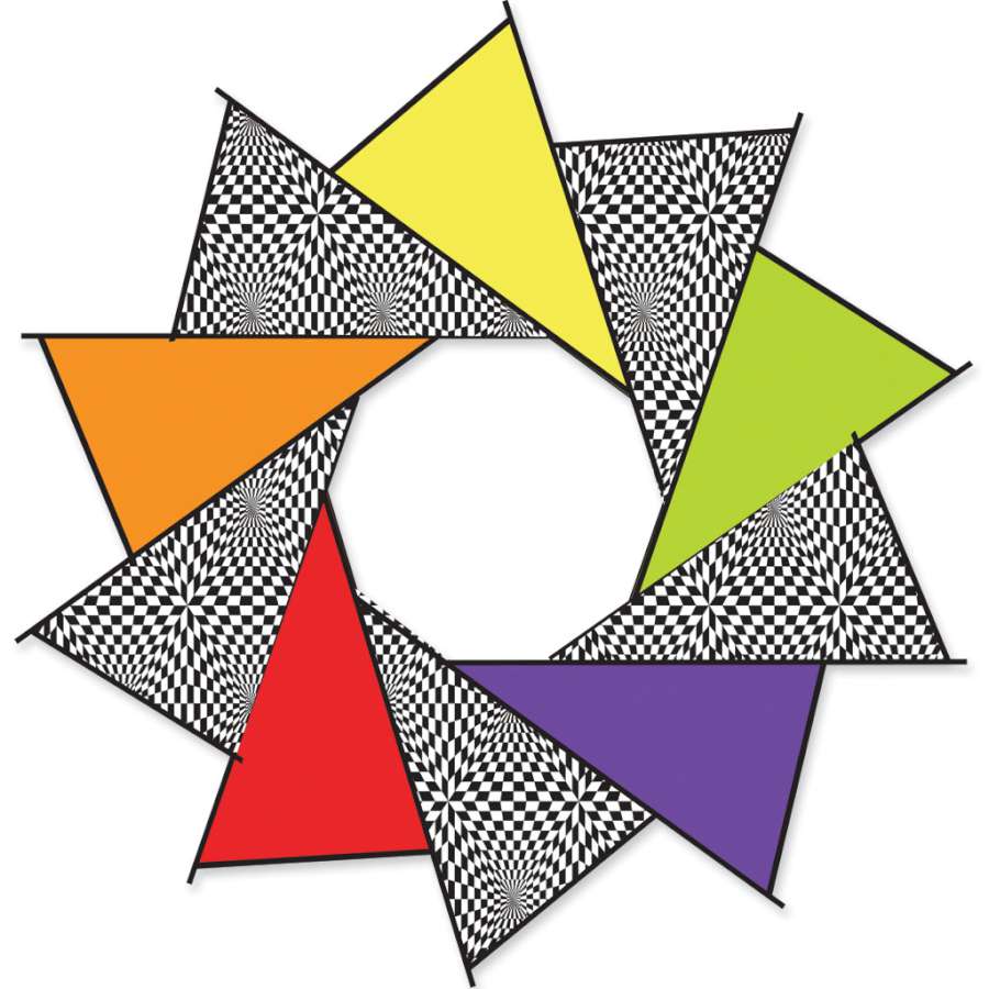 40 In F-Stop Spinner for kites featuring vibrant Rainbow Op-Art design spinning in the wind against a clear sky background.