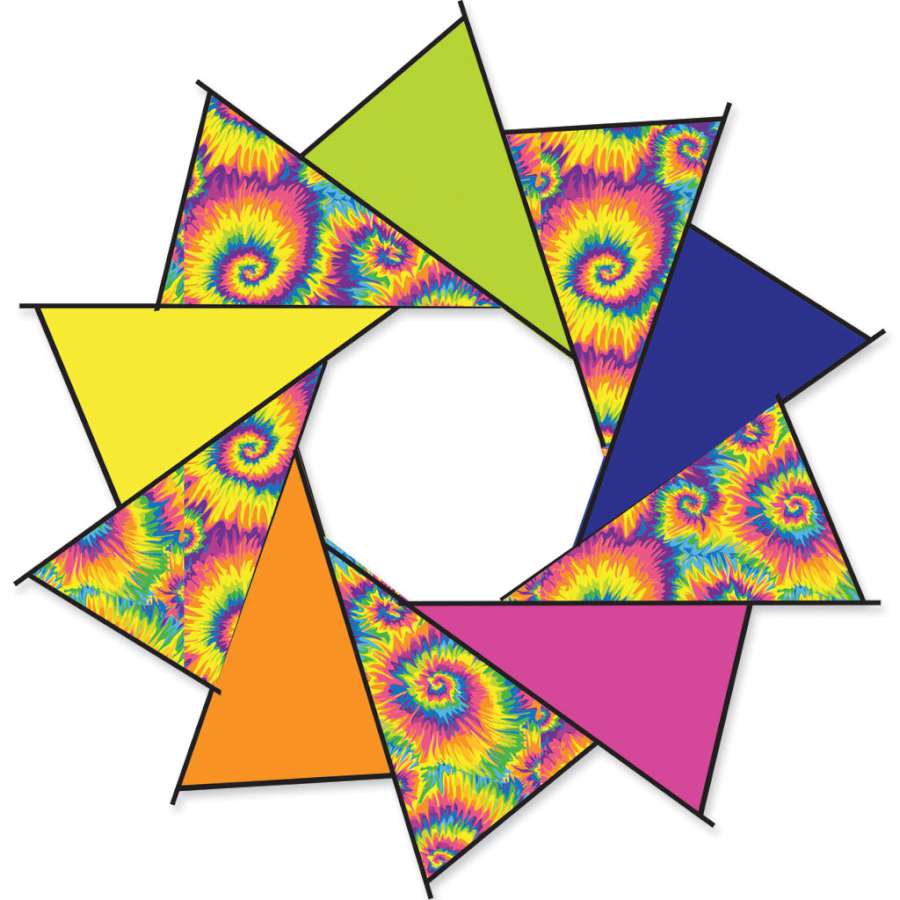 40 in. F-Stop Spinner for Kites and Line, featuring a vibrant tie-dye design, spinning gracefully in the air against a clear blue sky.