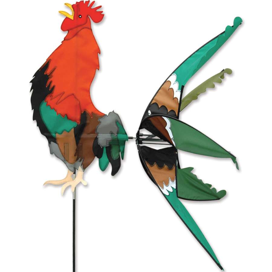 40 in. Morning Rooster Spinner with vibrant colors and intricate details displayed in a garden setting, capturing the essence of outdoor beauty.