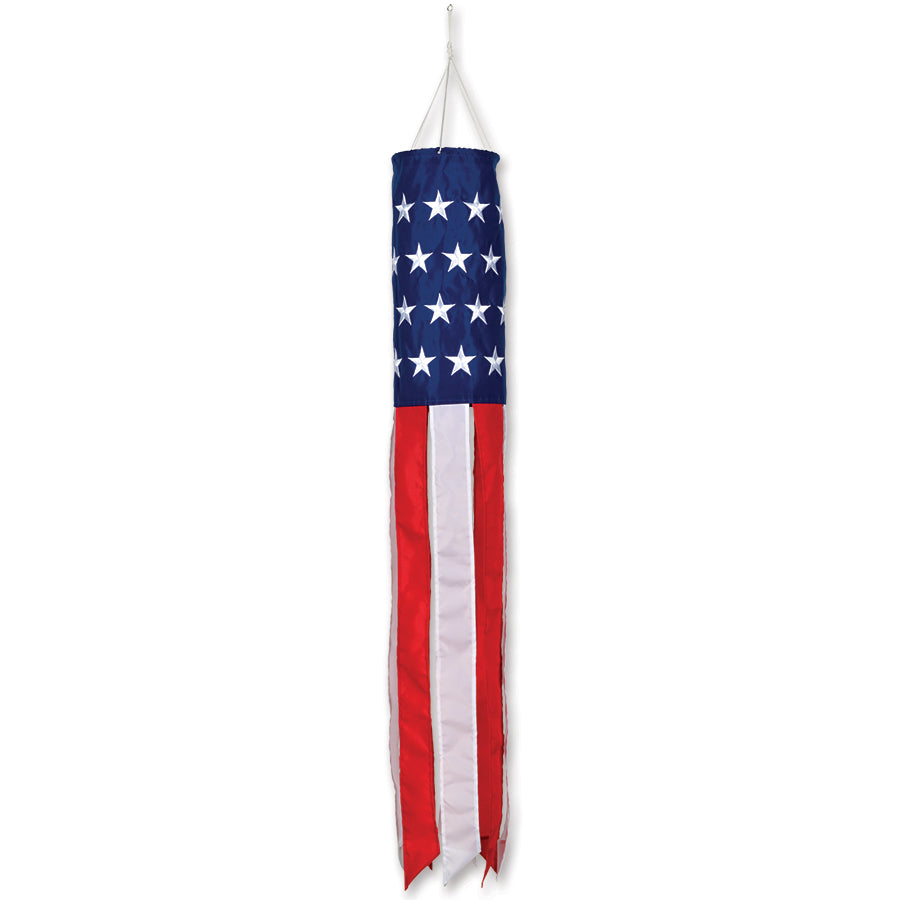 40 in. patriotic windsock featuring embroidered white stars on blue with flowing red and white streamers, ideal for outdoor decoration.