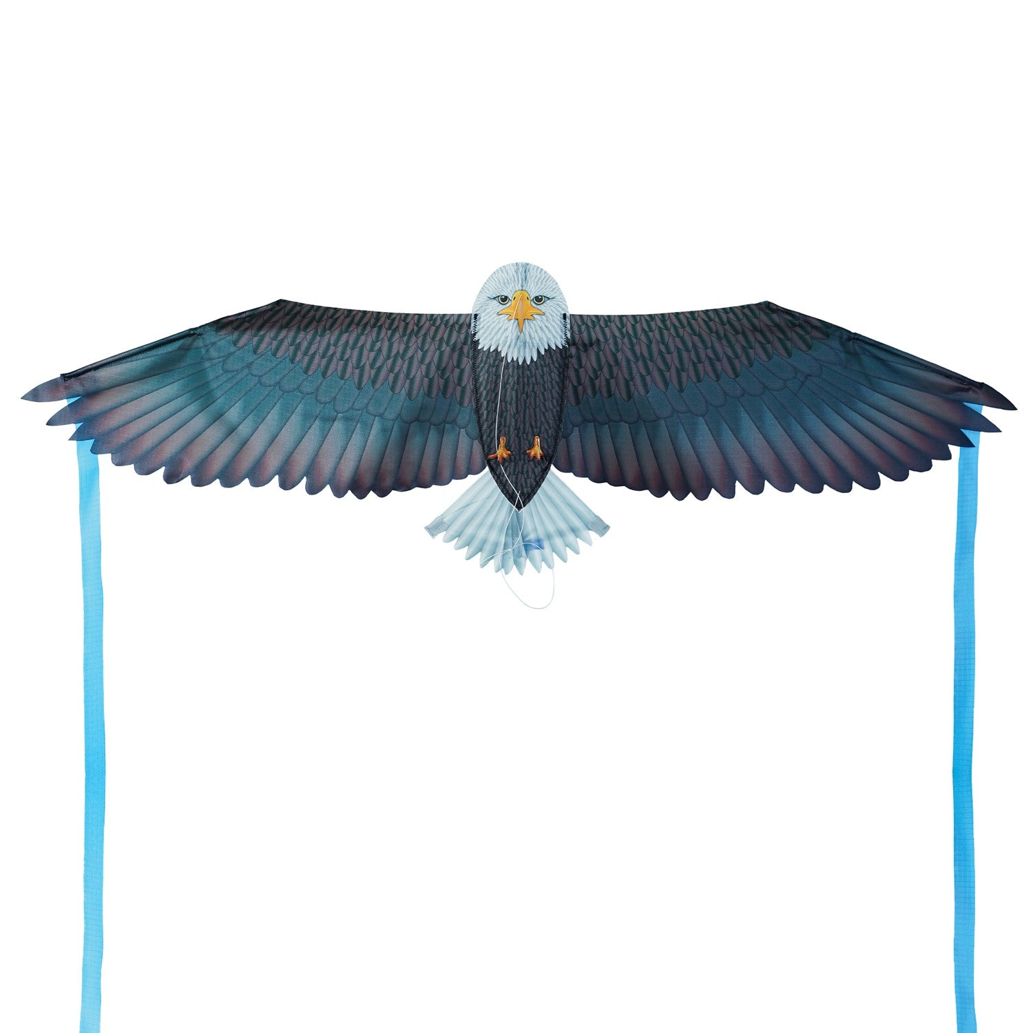 40-Inch Bald Eagle Bitty Bird Kite soaring in the sky, featuring realistic details, streamer tails, and ripstop fabric for outdoor fun.