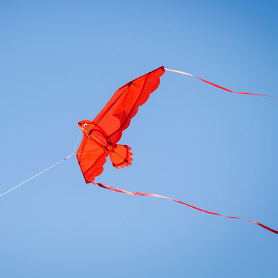 40-inch Red Bitty Bird Kite featuring vibrant applique design, flying high with color-coordinated streamer tails against a clear sky.