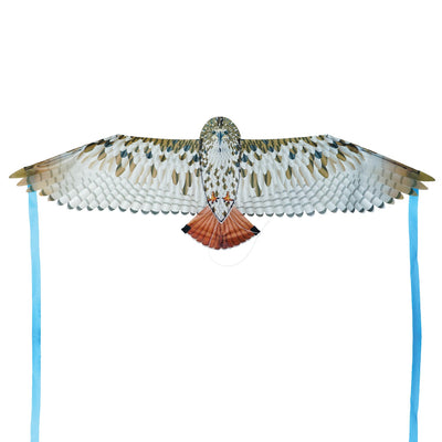 40-Inch Red-Tailed Hawk Bitty Bird Kite in flight, showcasing its realistic design and vibrant colors with streamers flowing behind.
