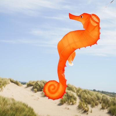 40-inch Seahorse 3D Windsock with realistic design, showcasing vibrant colors and detailed anatomy, displayed hanging outdoors in a breezy setting.