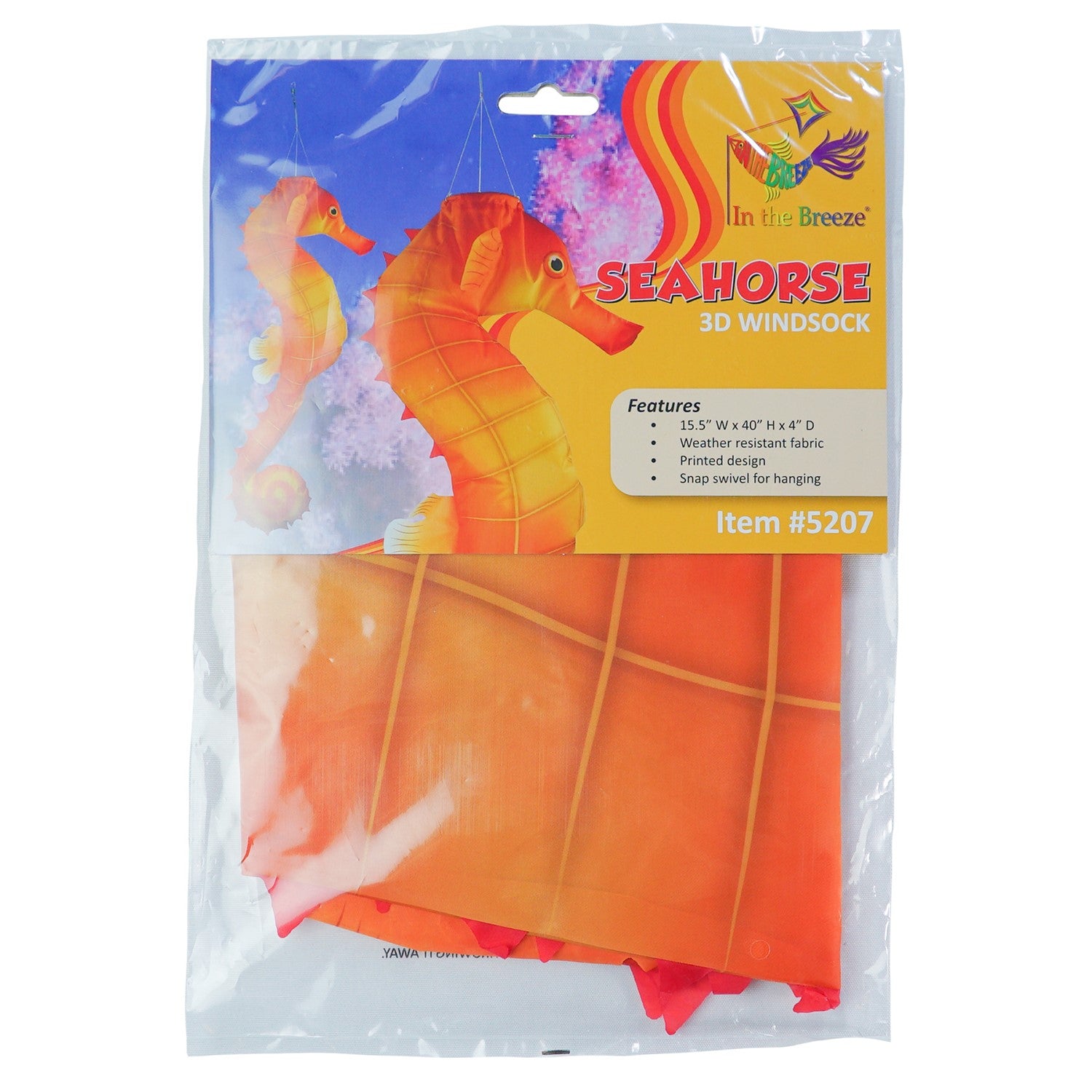40-inch Seahorse 3D Windsock with realistic design, showcasing vibrant colors and detailed anatomy, displayed hanging outdoors in a breezy setting.