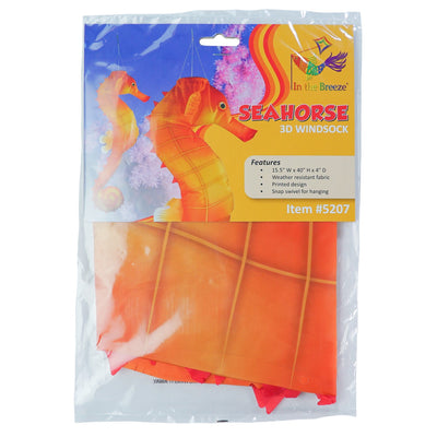 40-inch Seahorse 3D Windsock with realistic design, showcasing vibrant colors and detailed anatomy, displayed hanging outdoors in a breezy setting.