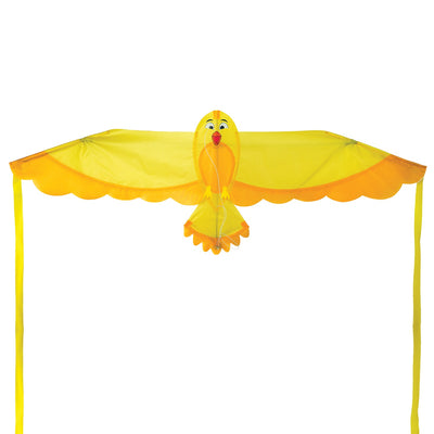 40-inch Yellow Bitty Bird Kite soaring in the sky with color-coordinated streamer tails and a cheerful bird design.