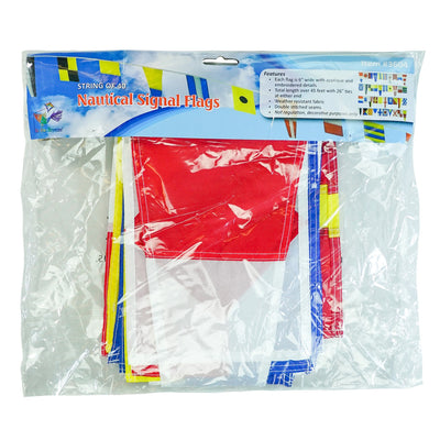 40 Piece Maritime Signal Flags on String decorated across a wooden terrace, featuring various colors and nautical designs that represent maritime communication.